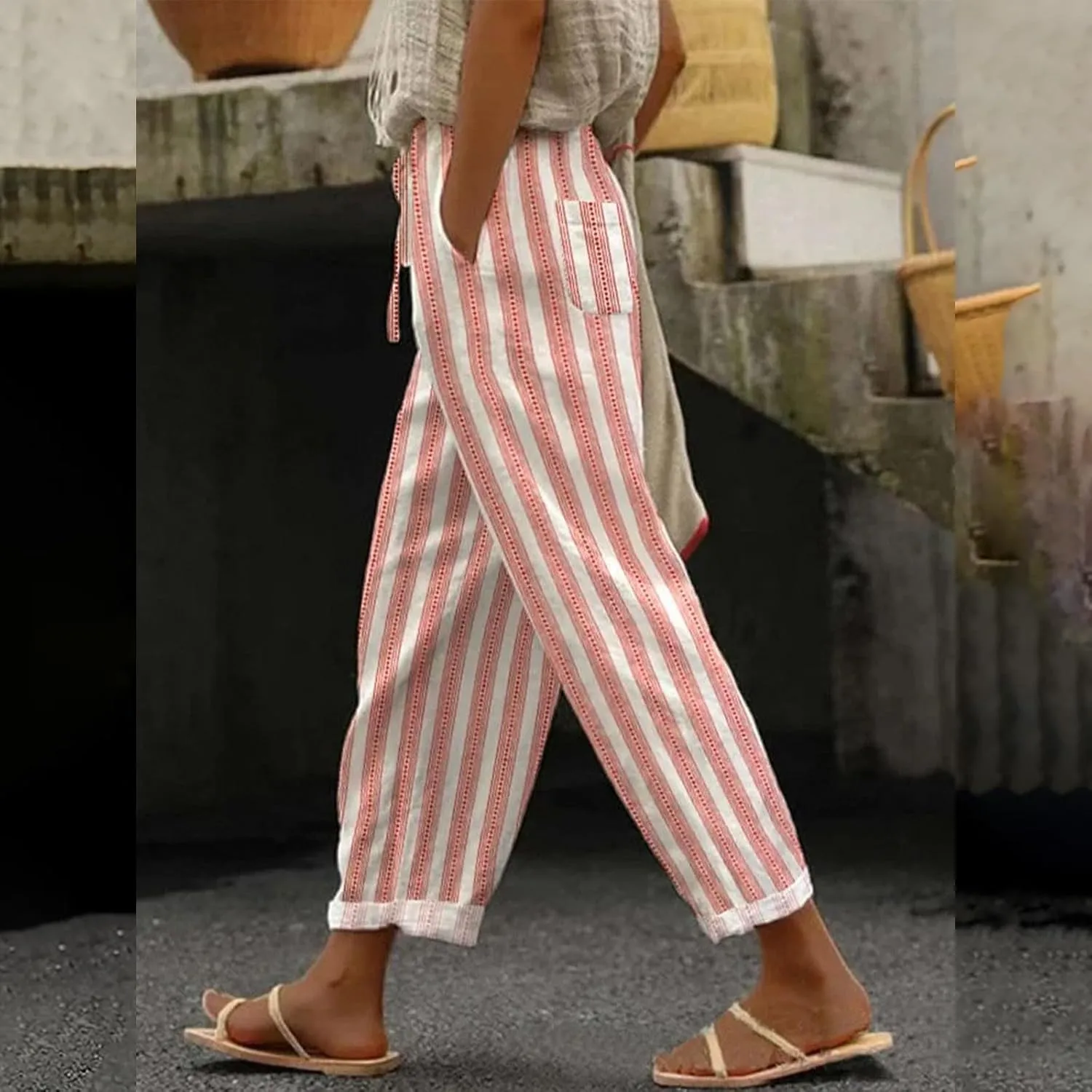 Women's Cotton Linen Pants Cute Boho Floral Print Elastic Waisted Drawstring Summer Beach Baggy Capri with Pockets
