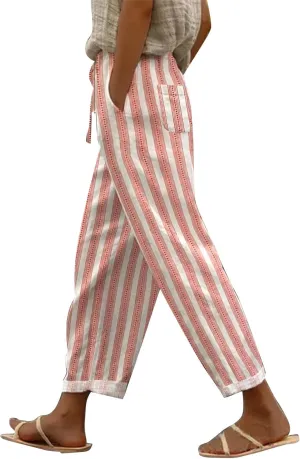 Women's Cotton Linen Pants Cute Boho Floral Print Elastic Waisted Drawstring Summer Beach Baggy Capri with Pockets