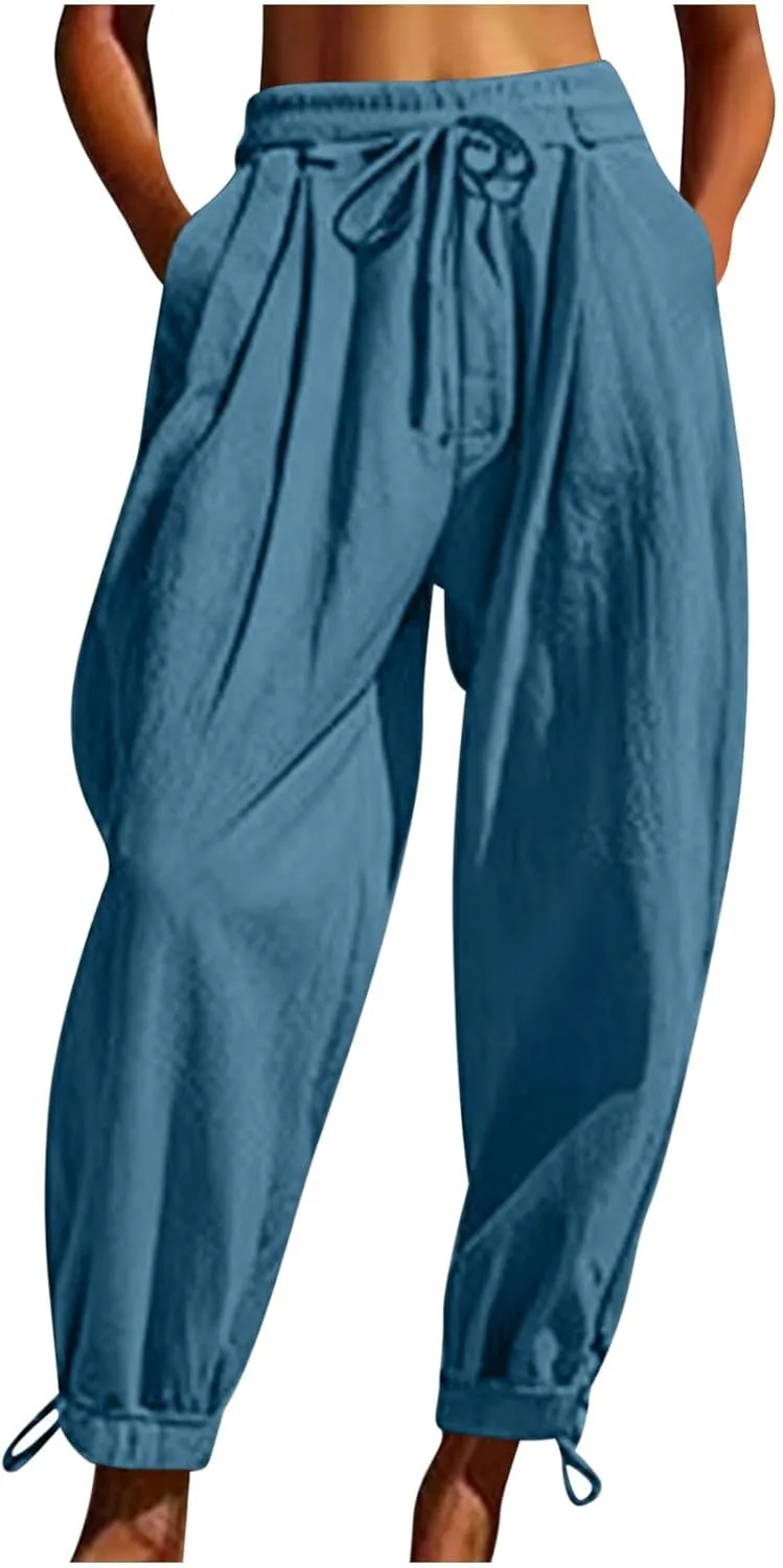 Womens Cotton Linen Pants Patch Pockets Tapered Leg Elastic Waist Long Pant Casual Lightweight Beach Cropped Trousers