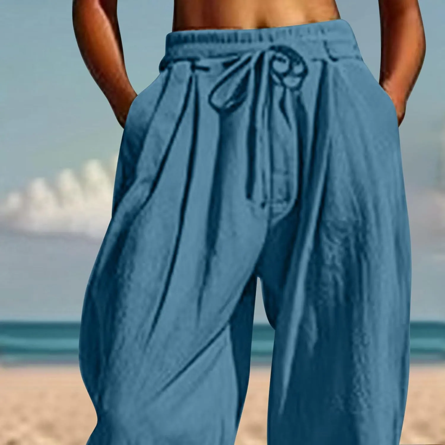 Womens Cotton Linen Pants Patch Pockets Tapered Leg Elastic Waist Long Pant Casual Lightweight Beach Cropped Trousers
