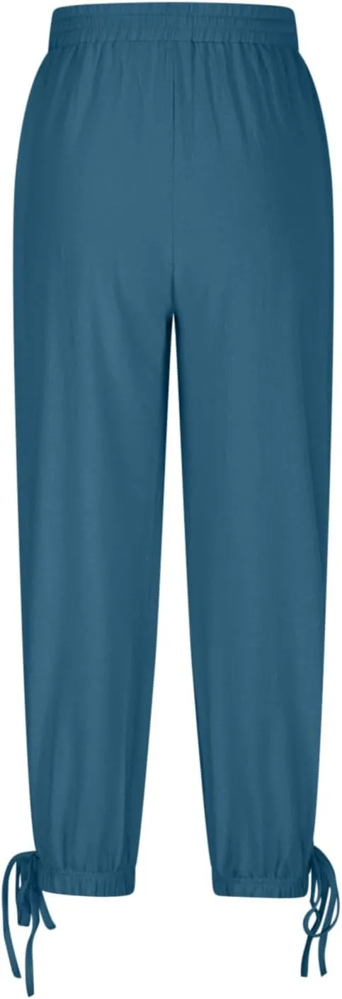 Womens Cotton Linen Pants Patch Pockets Tapered Leg Elastic Waist Long Pant Casual Lightweight Beach Cropped Trousers