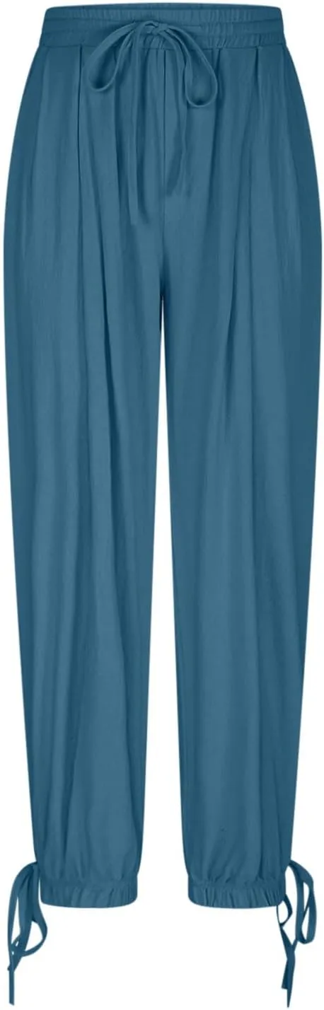 Womens Cotton Linen Pants Patch Pockets Tapered Leg Elastic Waist Long Pant Casual Lightweight Beach Cropped Trousers
