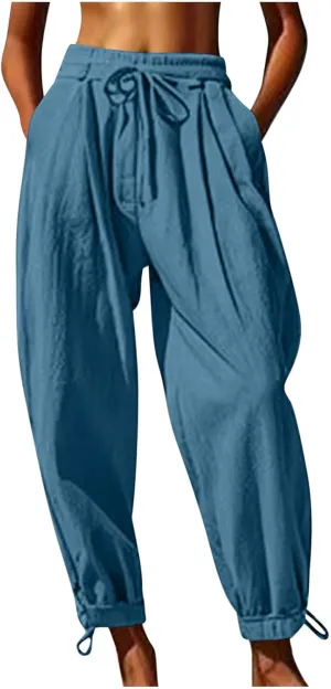 Womens Cotton Linen Pants Patch Pockets Tapered Leg Elastic Waist Long Pant Casual Lightweight Beach Cropped Trousers