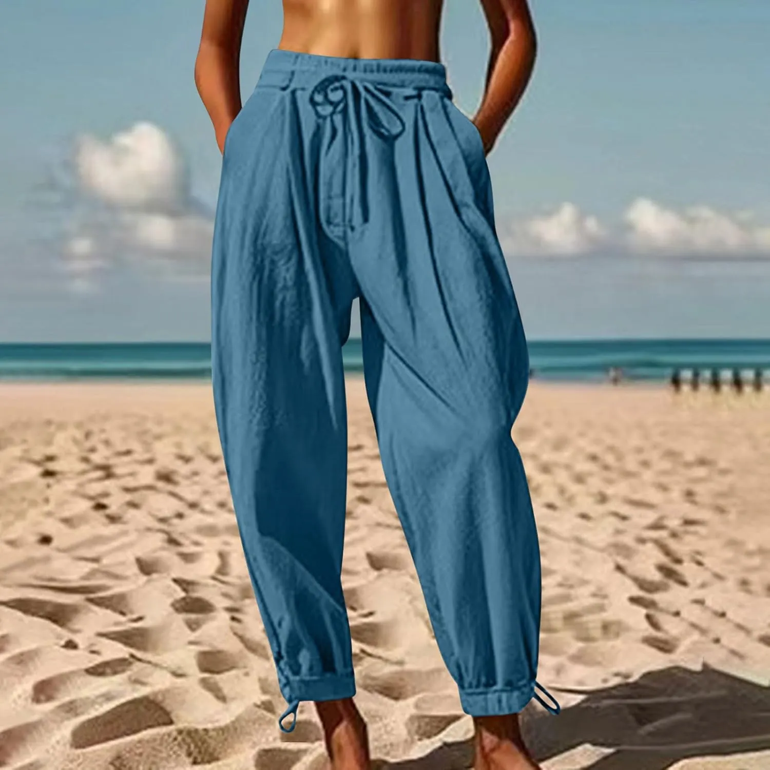 Womens Cotton Linen Pants Patch Pockets Tapered Leg Elastic Waist Long Pant Casual Lightweight Beach Cropped Trousers