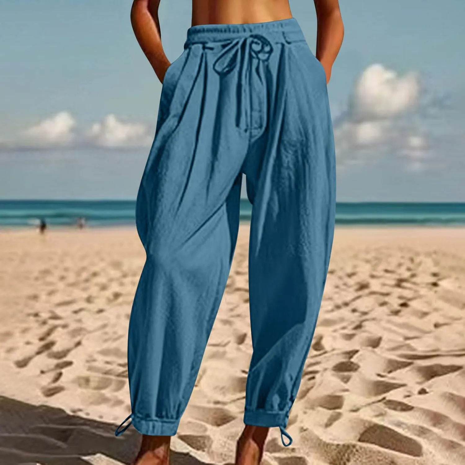 Womens Cotton Linen Pants Patch Pockets Tapered Leg Elastic Waist Long Pant Casual Lightweight Beach Cropped Trousers