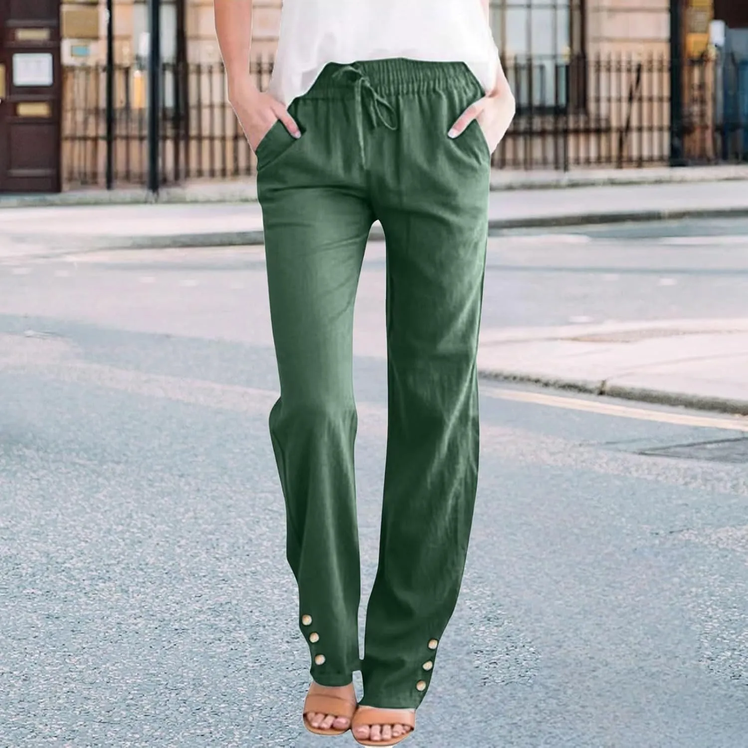 Womens Cotton Linen Pants Summer Casual Loose Trousers with Pockets Drawstring Button Wide Leg Pants for Women