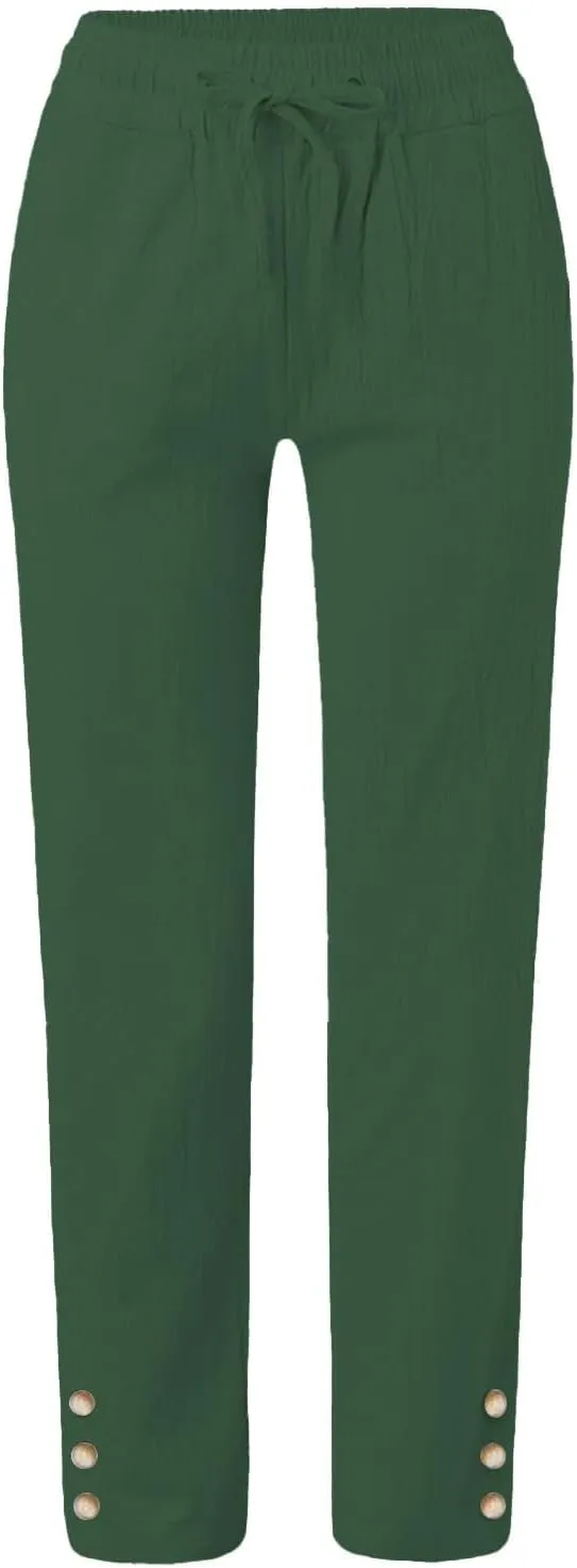 Womens Cotton Linen Pants Summer Casual Loose Trousers with Pockets Drawstring Button Wide Leg Pants for Women