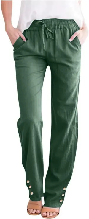 Womens Cotton Linen Pants Summer Casual Loose Trousers with Pockets Drawstring Button Wide Leg Pants for Women