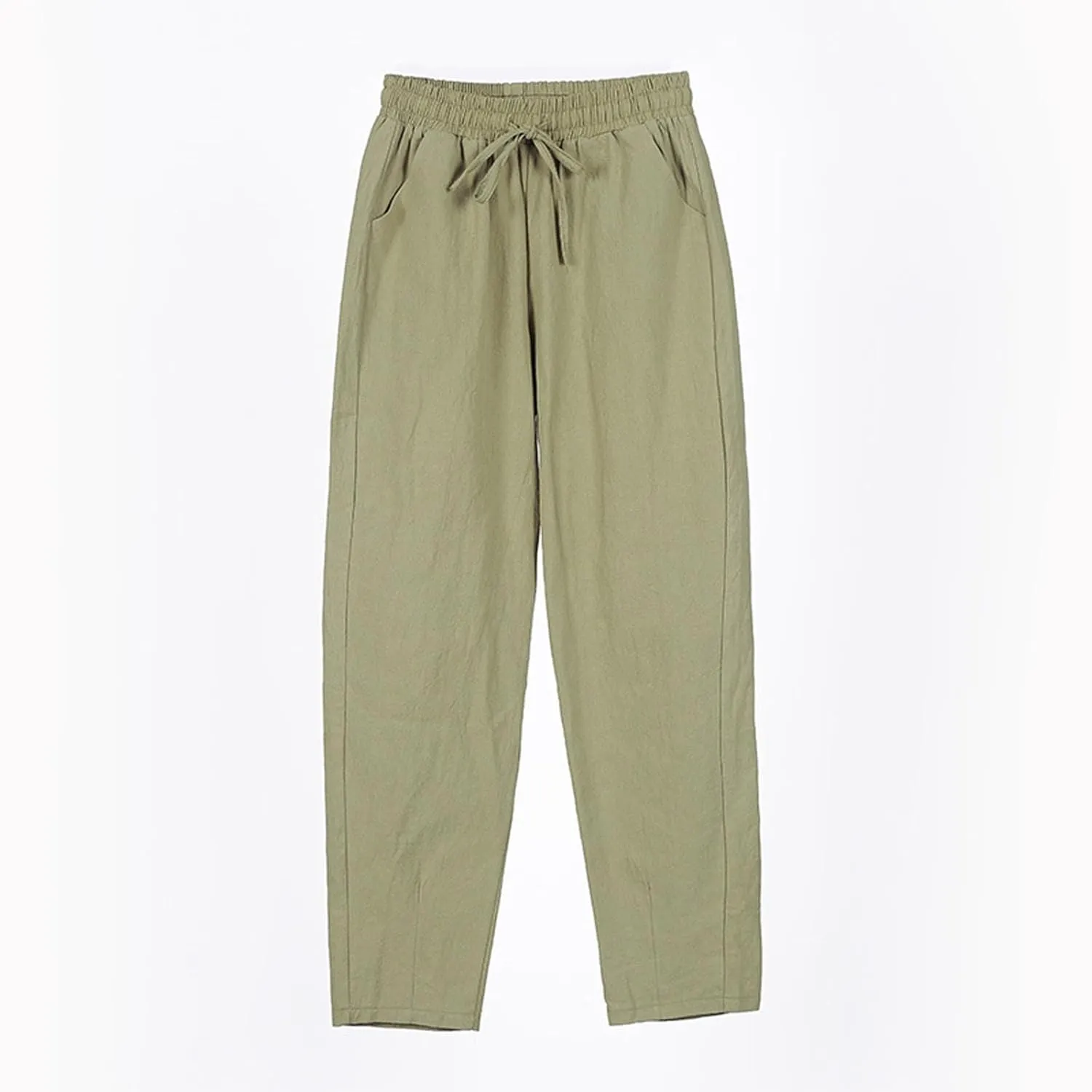 Womens Cotton Linen Pants with Pockets Straight Leg Drawstring Elastic Waisted Lounge Summer Pants Beach Trousers