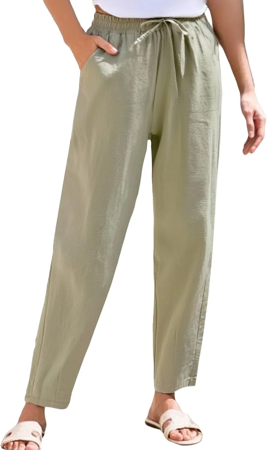 Womens Cotton Linen Pants with Pockets Straight Leg Drawstring Elastic Waisted Lounge Summer Pants Beach Trousers