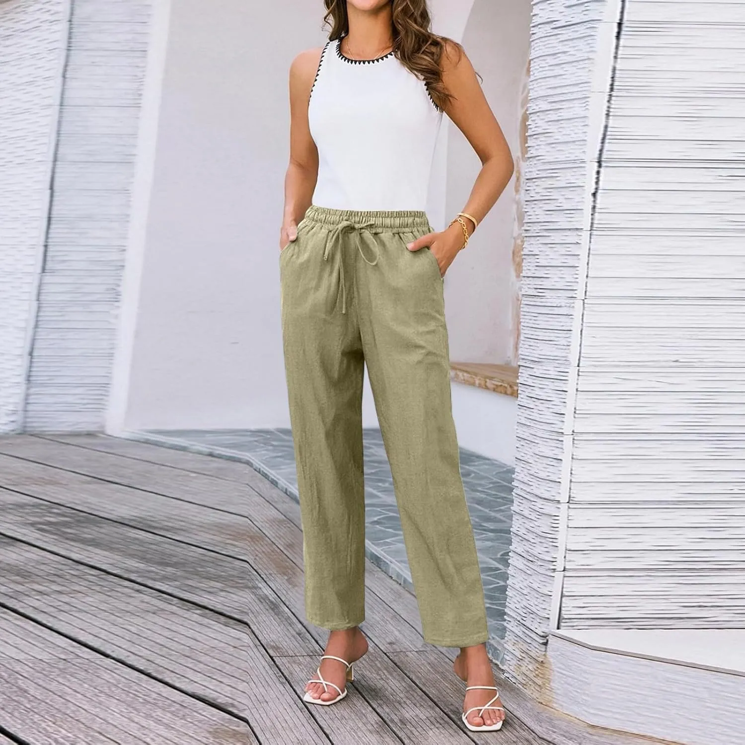 Womens Cotton Linen Pants with Pockets Straight Leg Drawstring Elastic Waisted Lounge Summer Pants Beach Trousers
