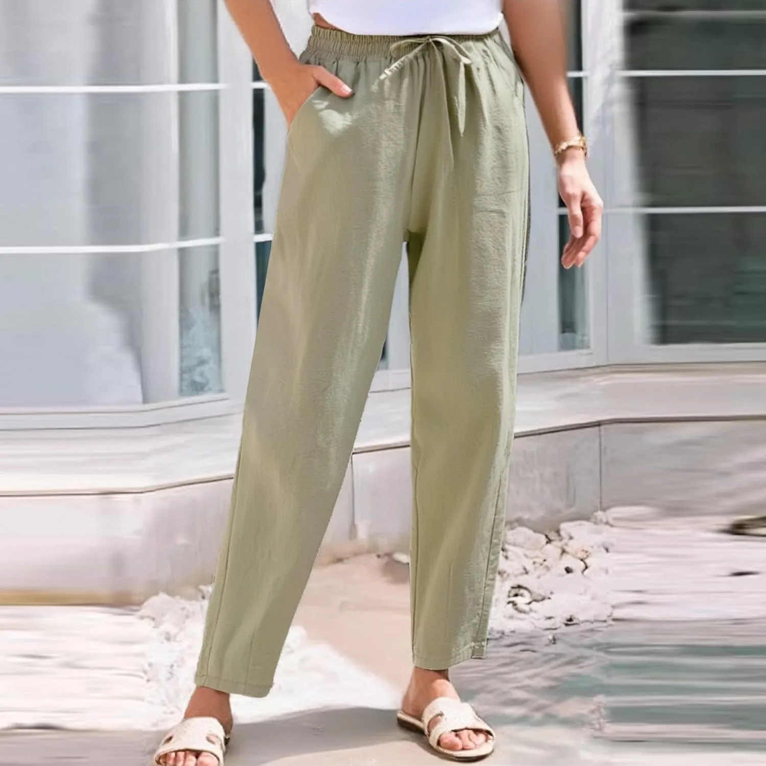 Womens Cotton Linen Pants with Pockets Straight Leg Drawstring Elastic Waisted Lounge Summer Pants Beach Trousers