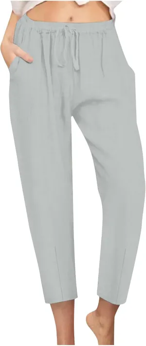 Women's Cotton Linen Tapered Pants Fashion Drawstring Elastic Waist Trousers Beach Casual Pant Vacation Travel Outfit