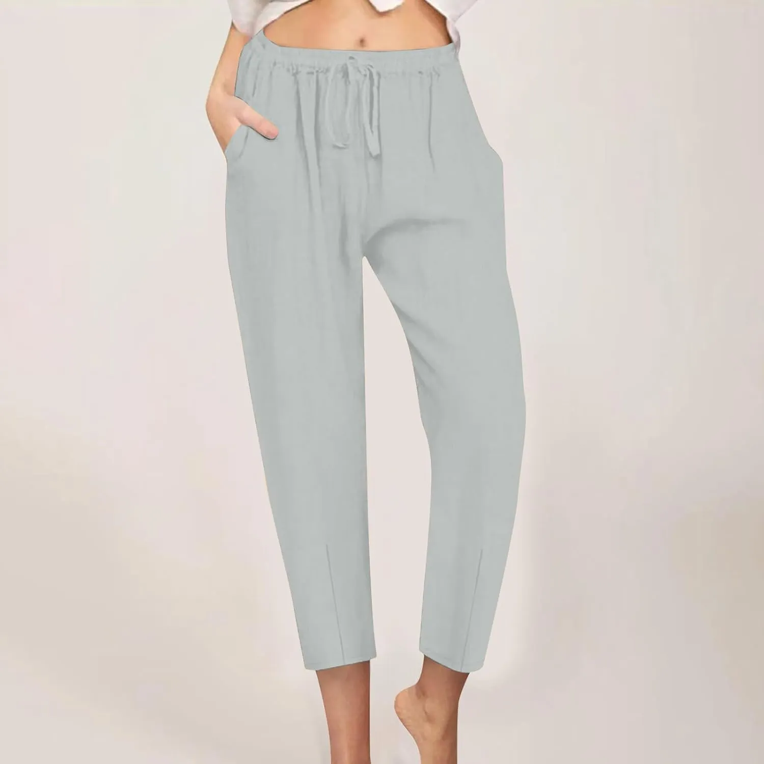 Women's Cotton Linen Tapered Pants Fashion Drawstring Elastic Waist Trousers Beach Casual Pant Vacation Travel Outfit