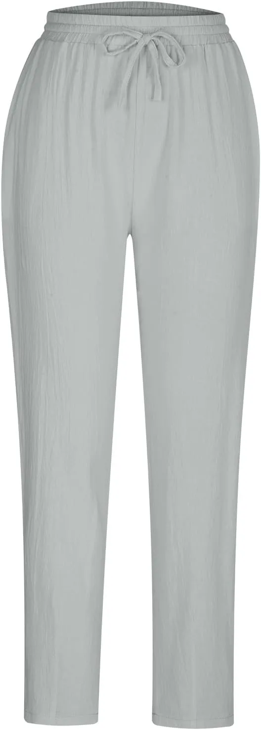 Women's Cotton Linen Tapered Pants Fashion Drawstring Elastic Waist Trousers Beach Casual Pant Vacation Travel Outfit