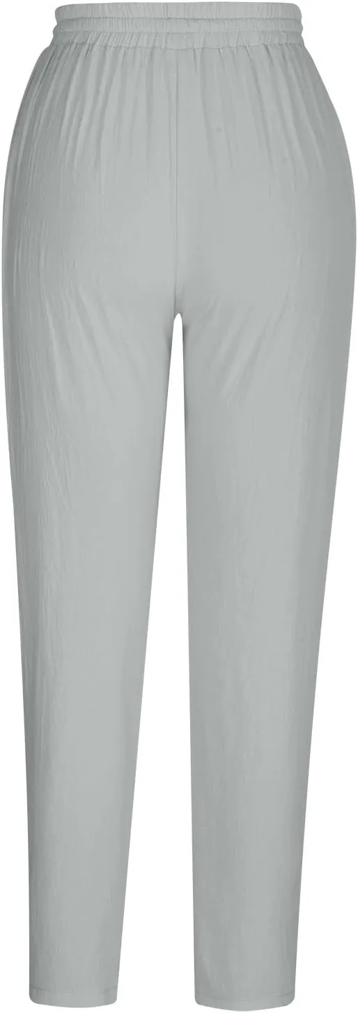 Women's Cotton Linen Tapered Pants Fashion Drawstring Elastic Waist Trousers Beach Casual Pant Vacation Travel Outfit