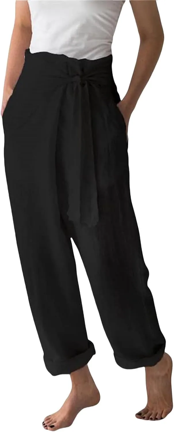 Womens Cotton Linen Wide Leg Pants High Waisted Adjustable Tie Knot Trousers Summer Casual Loose Pants for Women