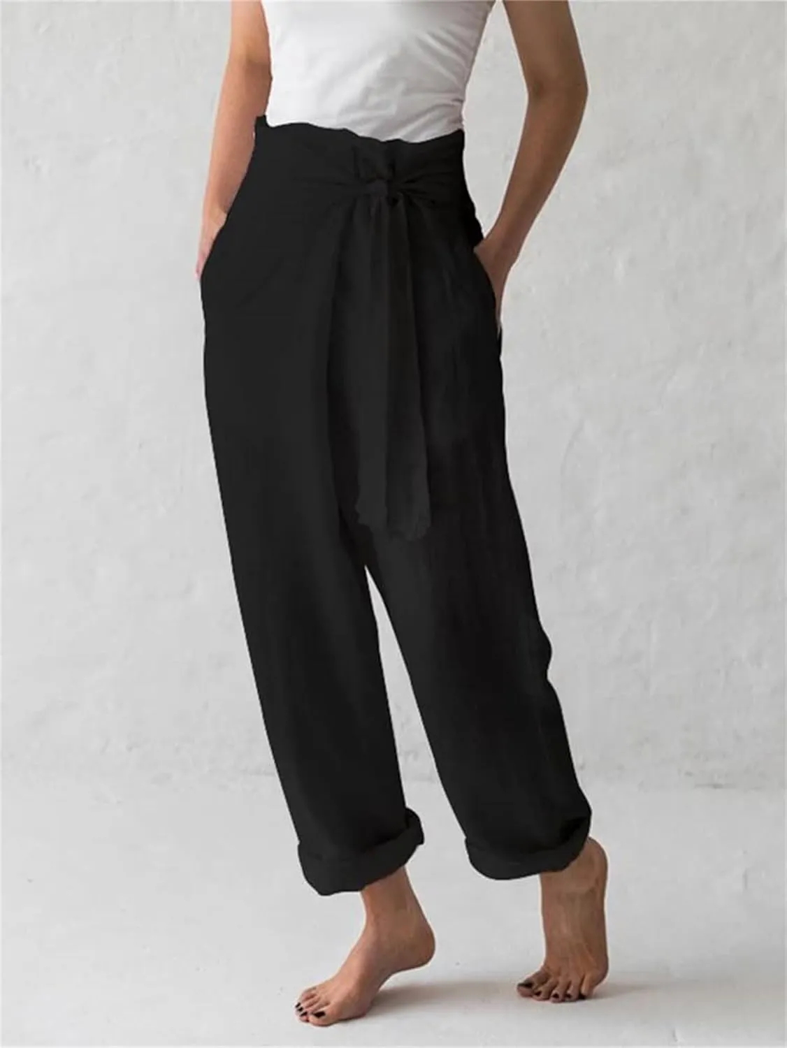 Womens Cotton Linen Wide Leg Pants High Waisted Adjustable Tie Knot Trousers Summer Casual Loose Pants for Women