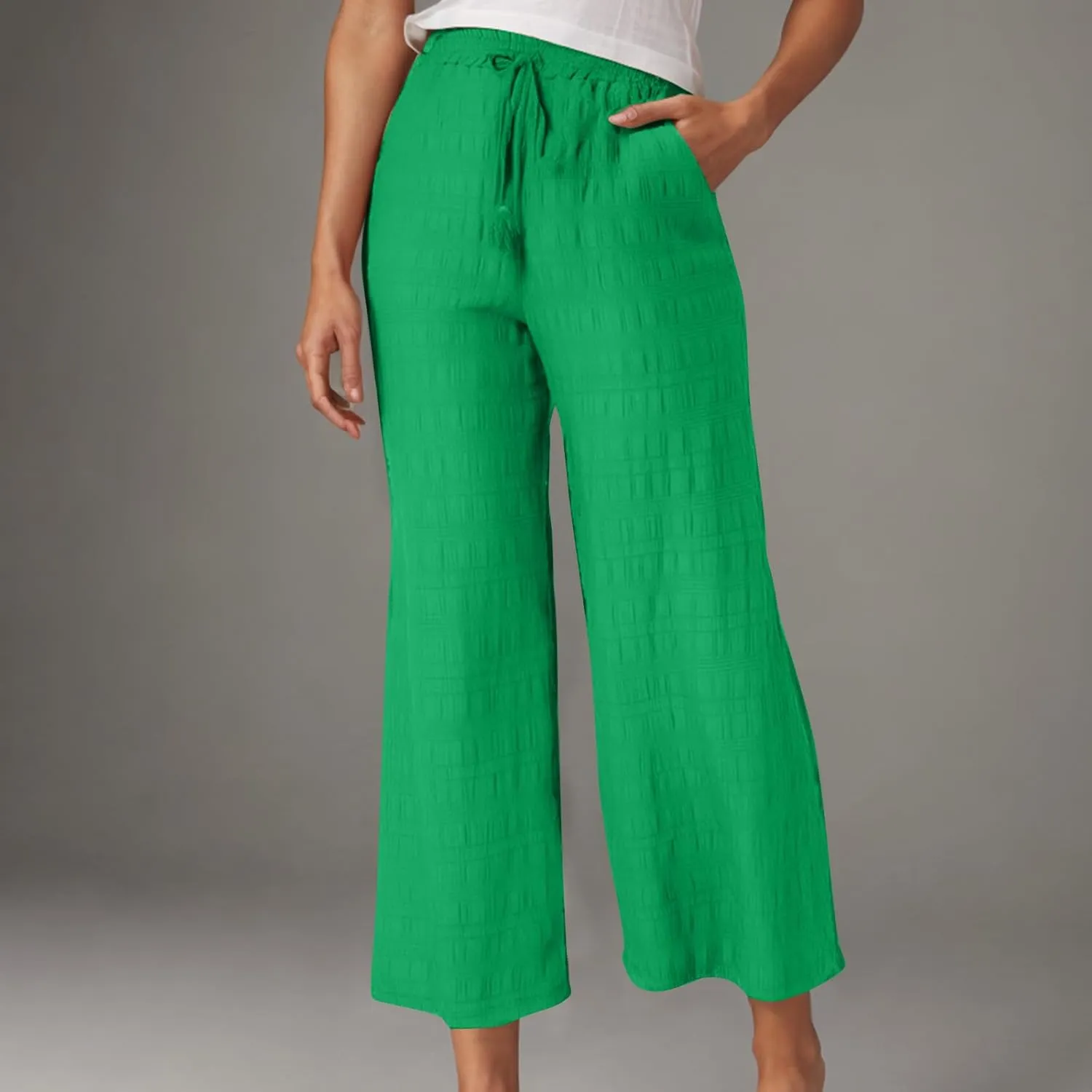 Womens Fashion Causal Lounge Pants Drawstring High Waist Trousers Wide Leg Long Pants for Vocation with Pockets