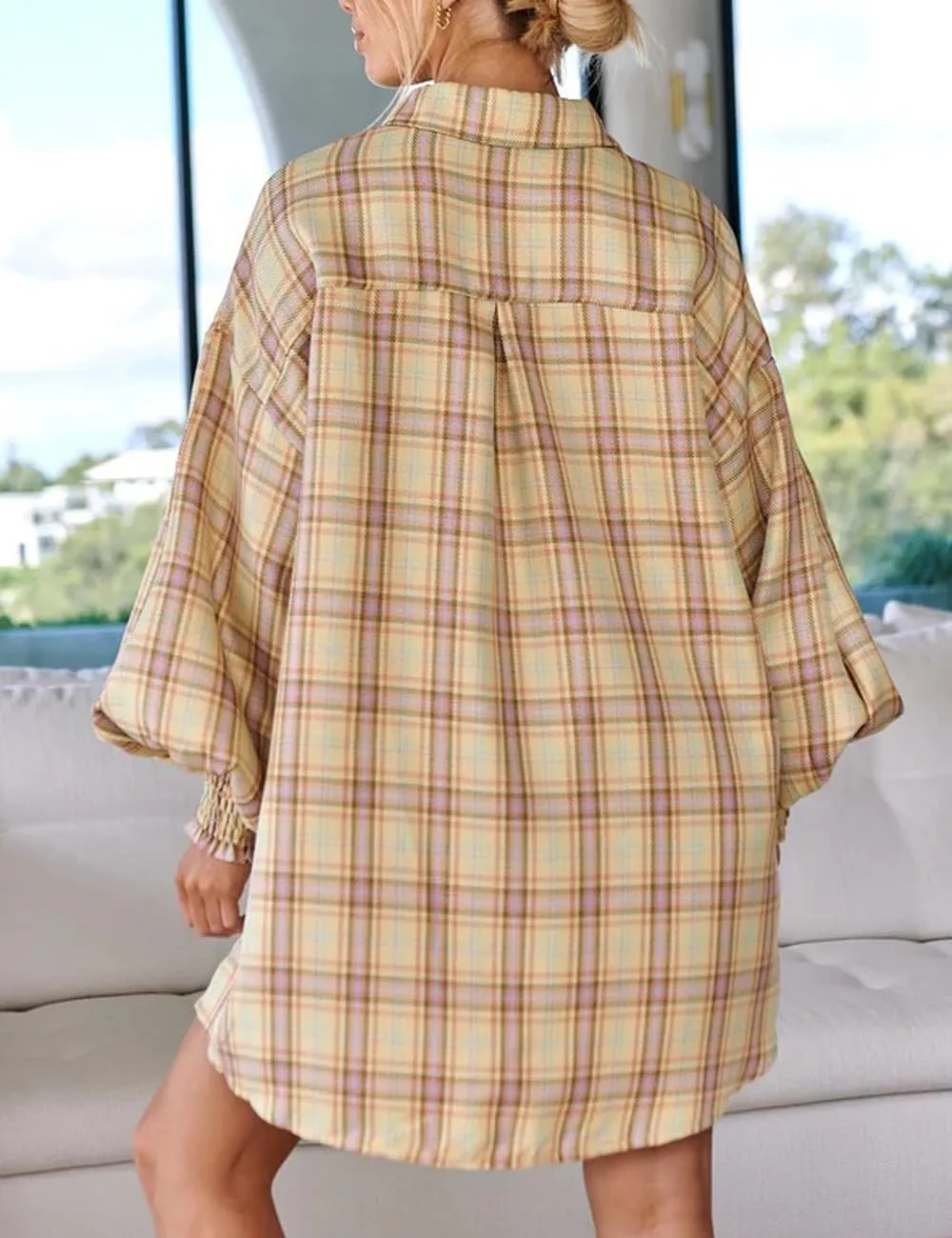 Womens Flannel Dress Long Lantern Sleeve Button Down Casual Plaid Shirt Dress Oversized Blouse Tops