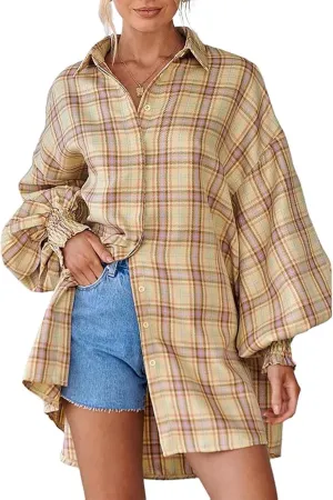 Womens Flannel Dress Long Lantern Sleeve Button Down Casual Plaid Shirt Dress Oversized Blouse Tops