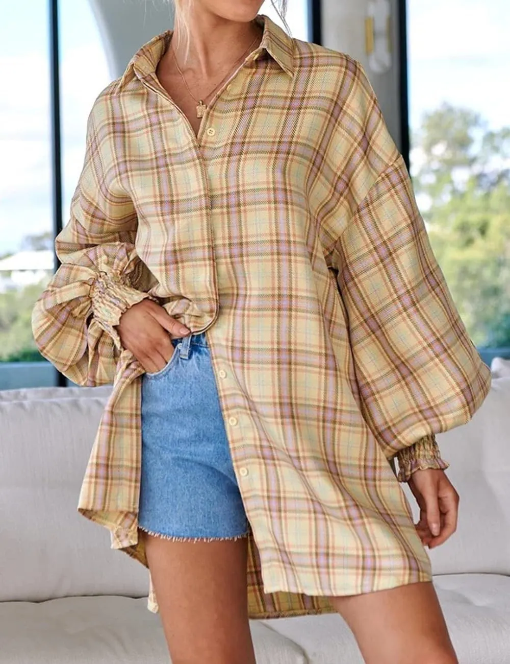 Womens Flannel Dress Long Lantern Sleeve Button Down Casual Plaid Shirt Dress Oversized Blouse Tops