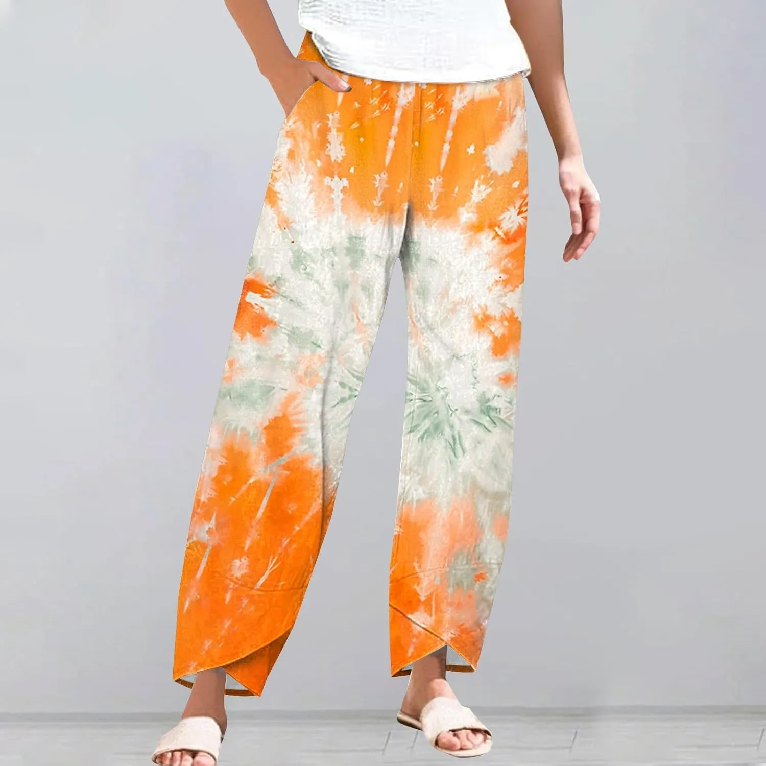 Women's Floral Print Linen Lounge Trousers High Waisted Wide Leg Summer Cropped Pants for Women 2025 Trendy Outfits