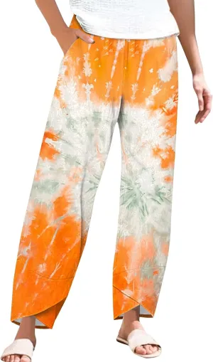 Women's Floral Print Linen Lounge Trousers High Waisted Wide Leg Summer Cropped Pants for Women 2025 Trendy Outfits