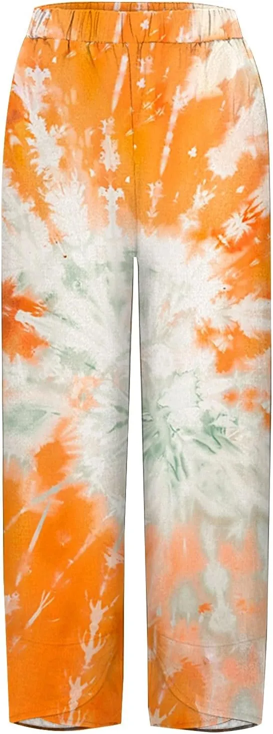 Women's Floral Print Linen Lounge Trousers High Waisted Wide Leg Summer Cropped Pants for Women 2025 Trendy Outfits