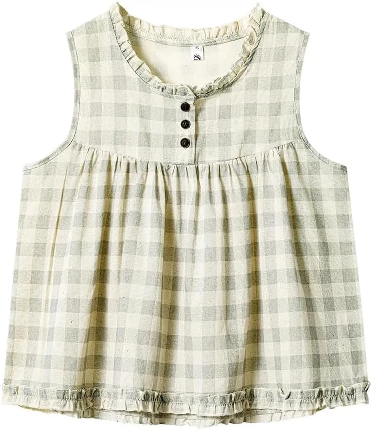 Women's French Retro Plaid Sleeveless Camisole Vests Female Loose Slimming Pullover Tops