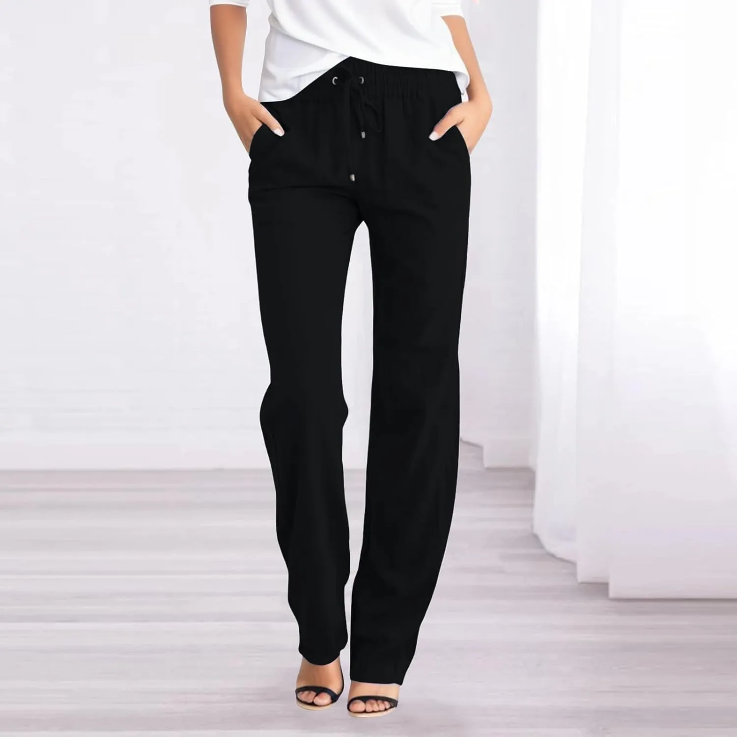 Womens High Waist Summer Linen Pants Baggy Straight Leg Casual Pants with Pockets Drawstring Comfy Lounge Trousers