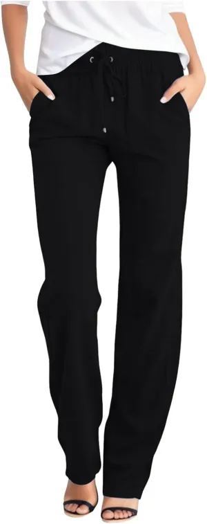 Womens High Waist Summer Linen Pants Baggy Straight Leg Casual Pants with Pockets Drawstring Comfy Lounge Trousers