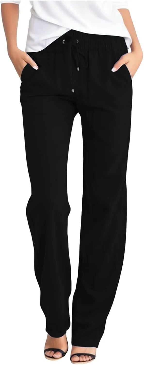 Womens High Waist Summer Linen Pants Baggy Straight Leg Casual Pants with Pockets Drawstring Comfy Lounge Trousers
