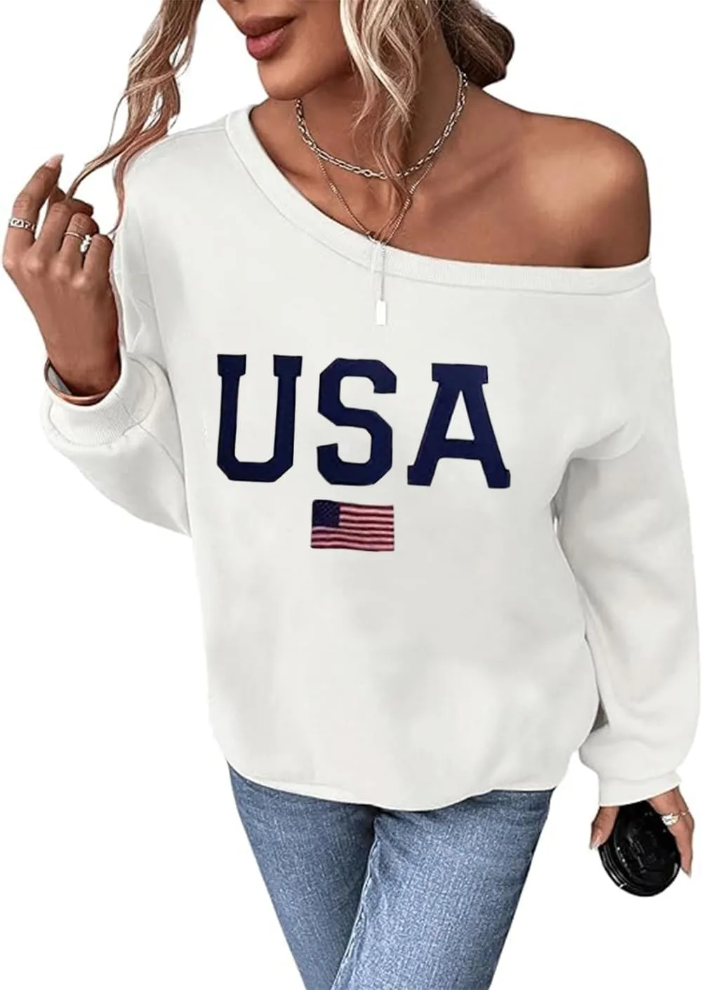 Womens Holiday Off the Shoulder Long Sleeve Loose Slouchy Sweatshirt Pullover Letter Printed Tops