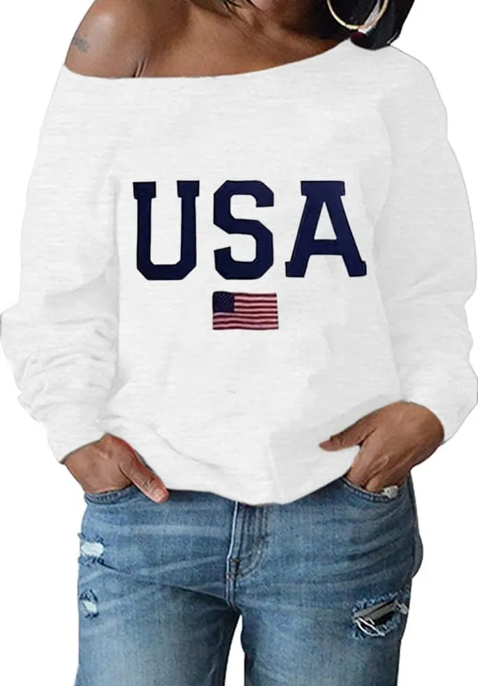 Womens Holiday Off the Shoulder Long Sleeve Loose Slouchy Sweatshirt Pullover Letter Printed Tops
