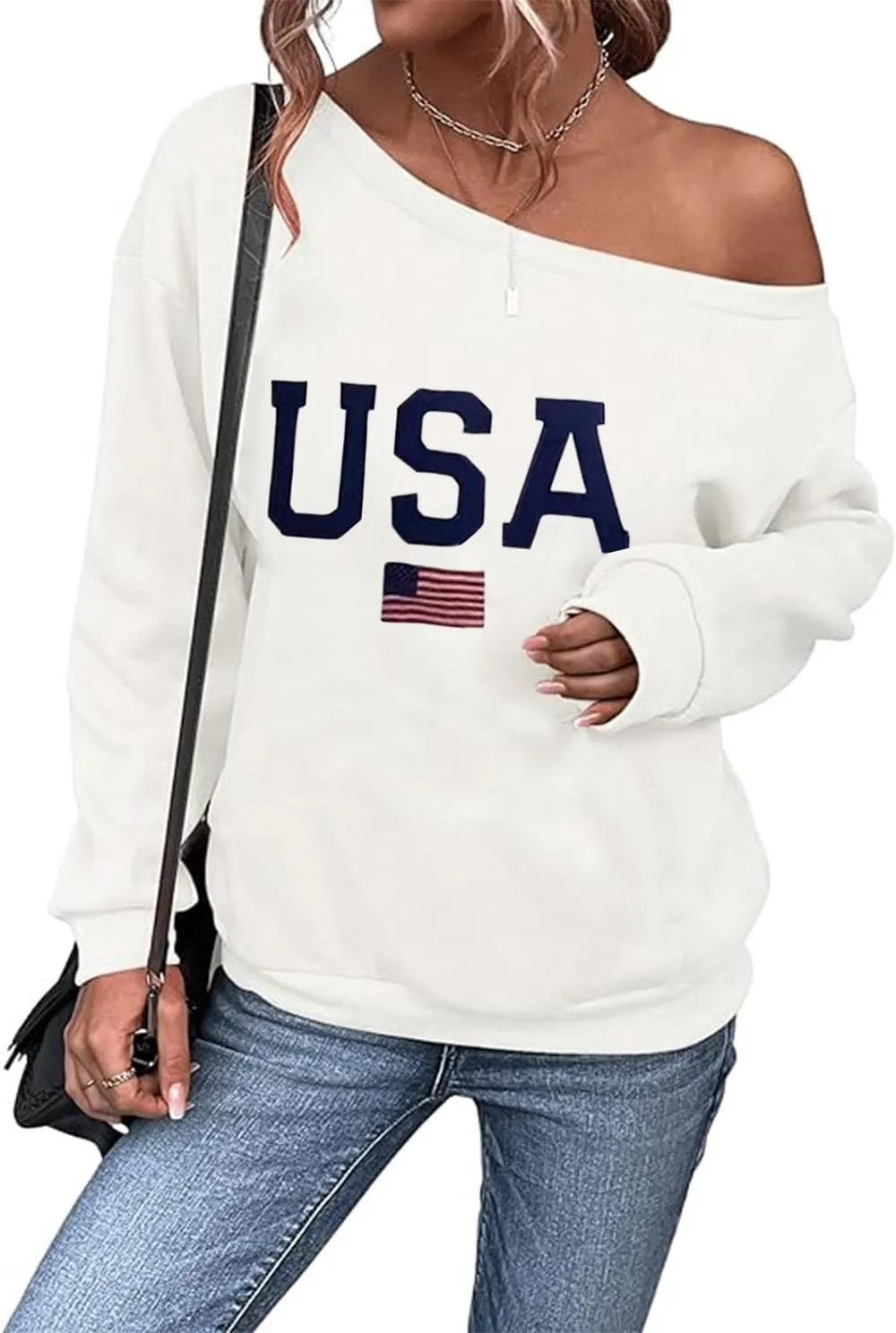 Womens Holiday Off the Shoulder Long Sleeve Loose Slouchy Sweatshirt Pullover Letter Printed Tops