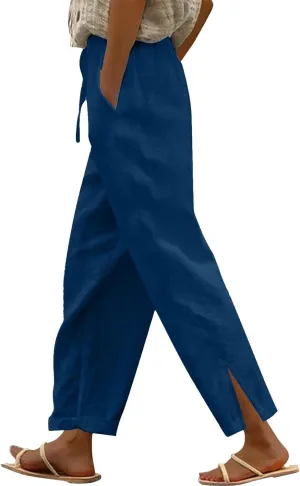 Women's Linen Capri Pants with Drawstring Petite High Waist Elastic Straight Leg Lounge Summer Beachwear Pants