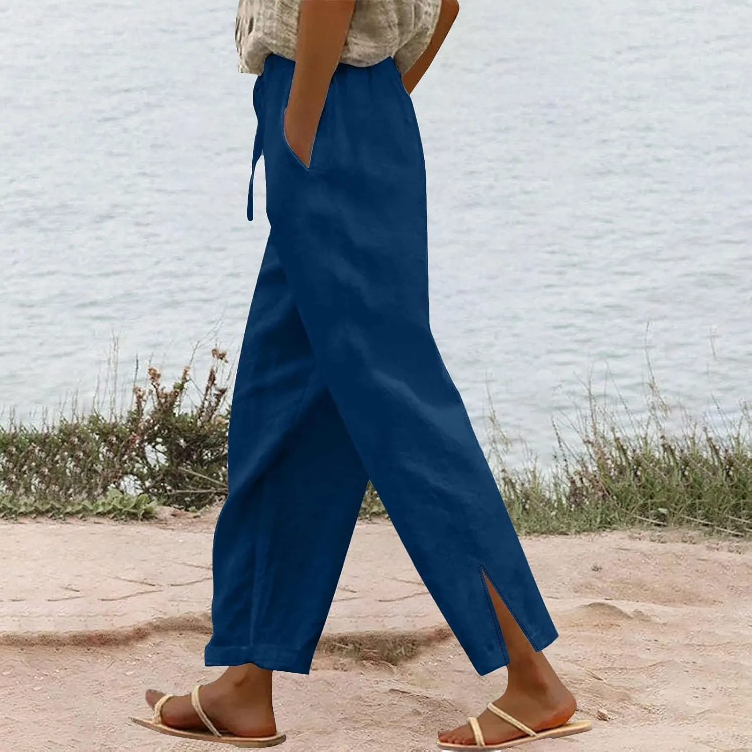 Women's Linen Capri Pants with Drawstring Petite High Waist Elastic Straight Leg Lounge Summer Beachwear Pants