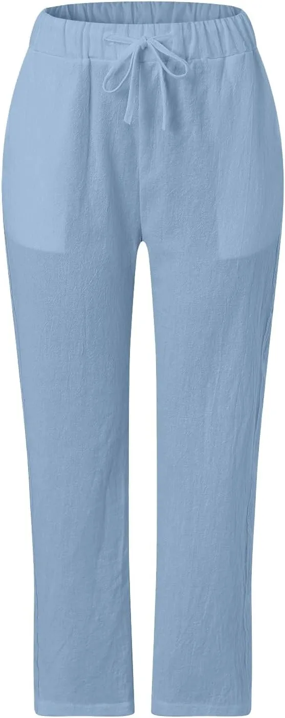 Womens Linen Capri Pants with Drawstring Petite Side Button Summer Beachwear Lightweight Elastic Waist Trousers