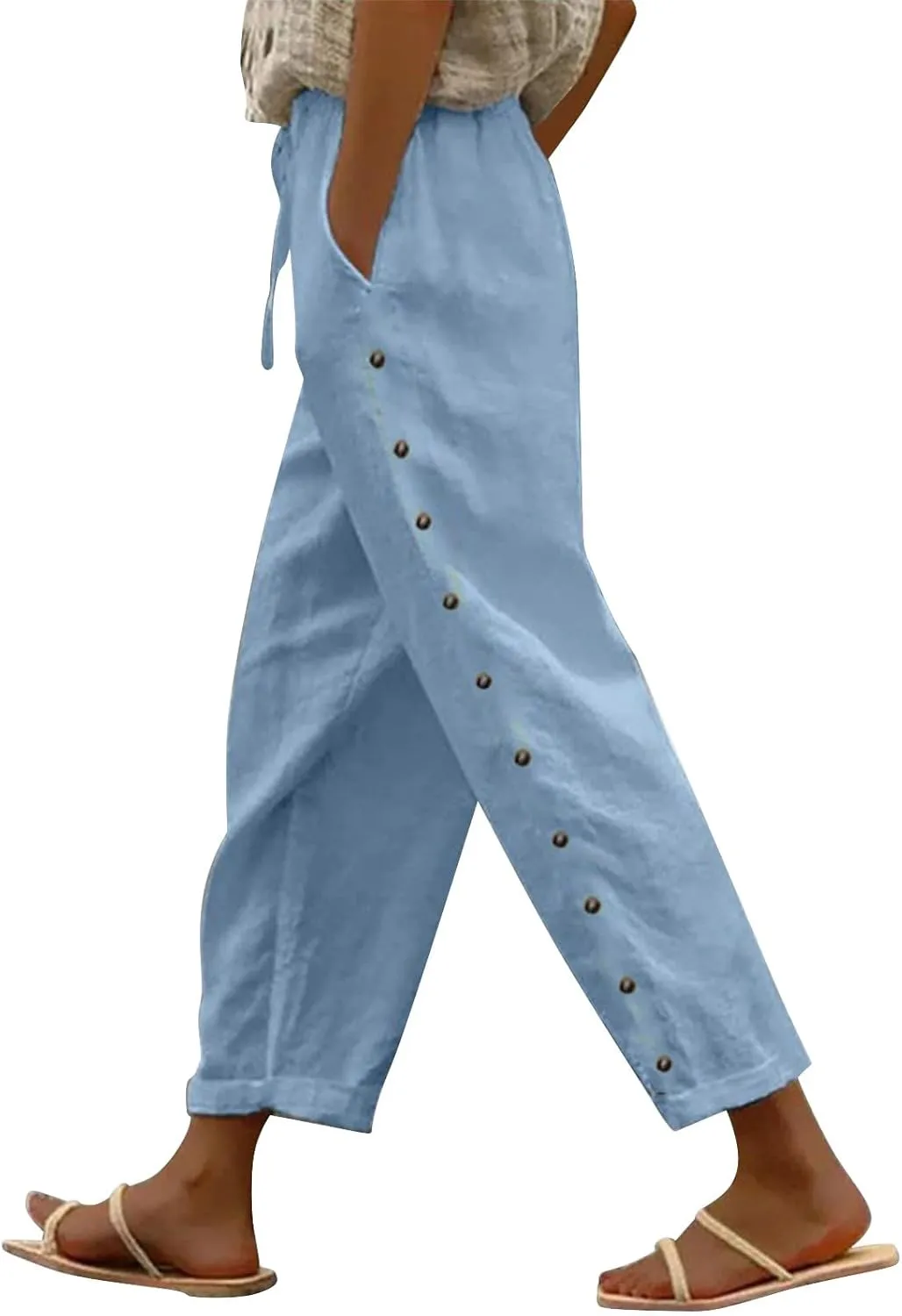 Womens Linen Capri Pants with Drawstring Petite Side Button Summer Beachwear Lightweight Elastic Waist Trousers