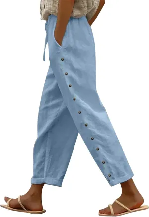 Womens Linen Capri Pants with Drawstring Petite Side Button Summer Beachwear Lightweight Elastic Waist Trousers