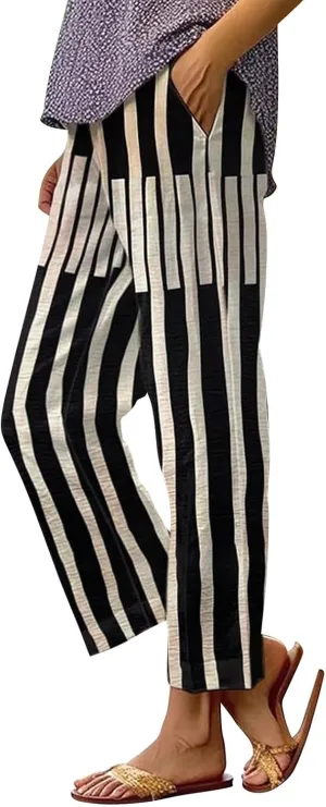 Womens Linen Capris Pants Elastic Waist Drawstring Summer Loose Breathing Cropped Trousers Beach Travel Boho Pants