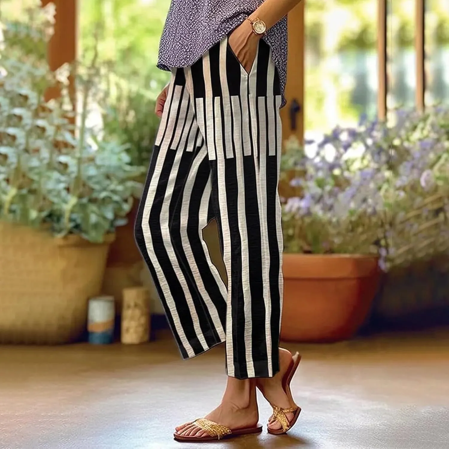 Womens Linen Capris Pants Elastic Waist Drawstring Summer Loose Breathing Cropped Trousers Beach Travel Boho Pants