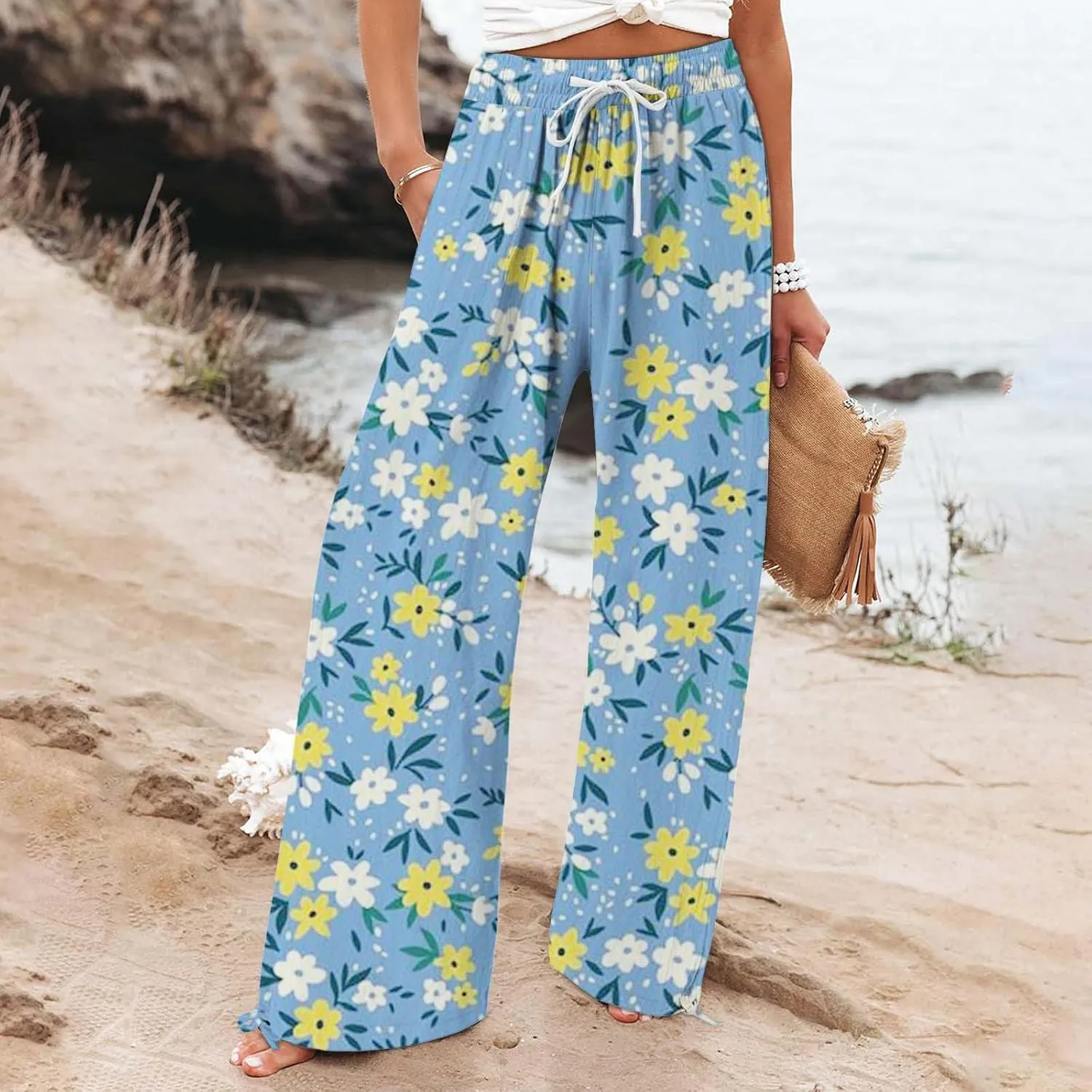 Women's Linen Palazzo Pants Casual Wide Leg Retro Printed Slacks Elastic Waist Drawstring Flowy Trousers with Pockets