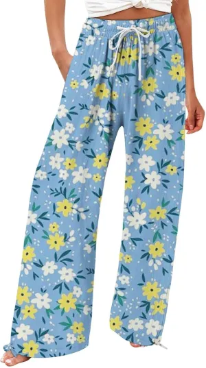 Women's Linen Palazzo Pants Casual Wide Leg Retro Printed Slacks Elastic Waist Drawstring Flowy Trousers with Pockets