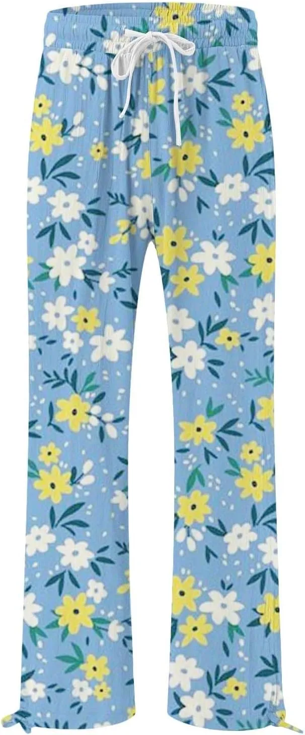 Women's Linen Palazzo Pants Casual Wide Leg Retro Printed Slacks Elastic Waist Drawstring Flowy Trousers with Pockets
