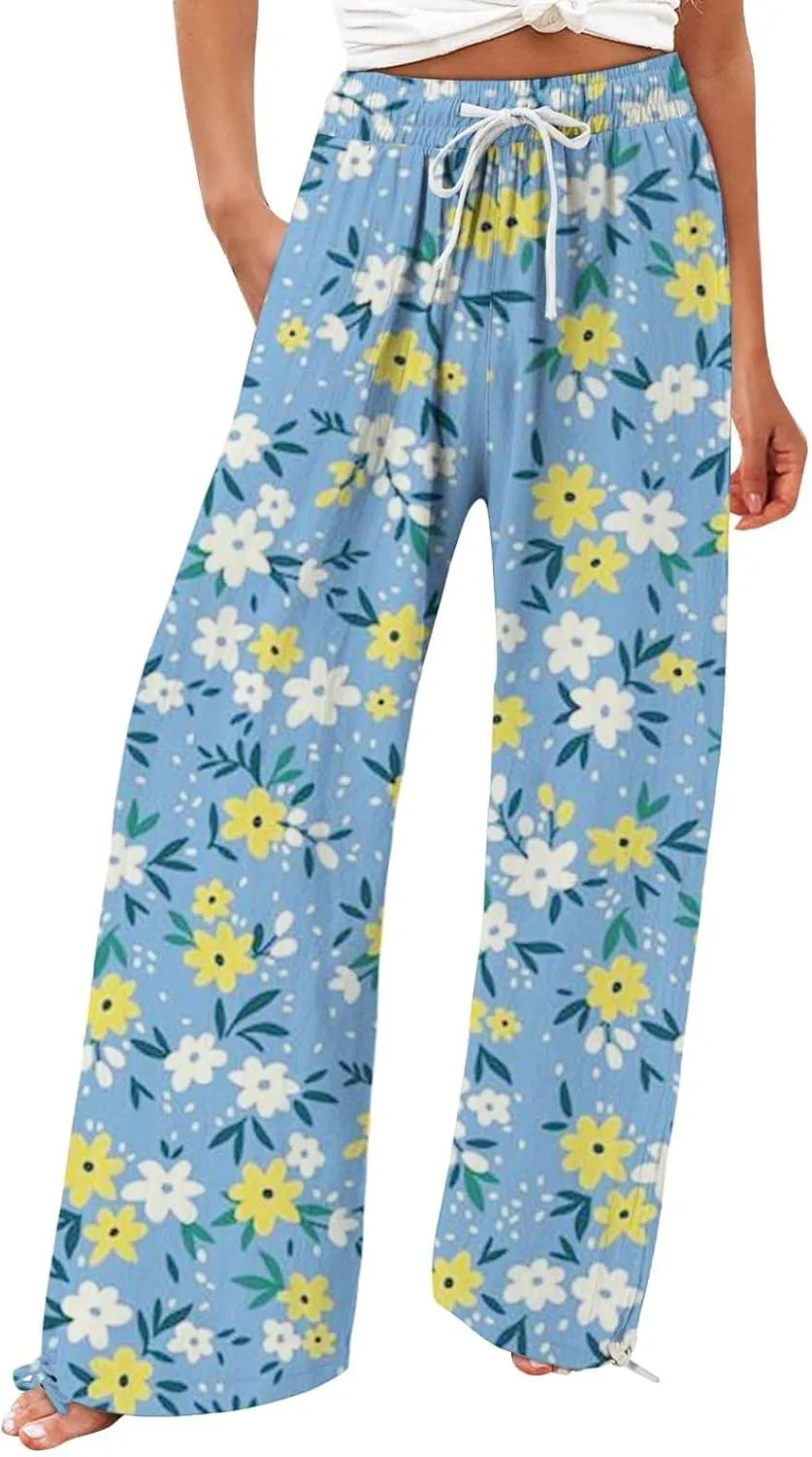 Women's Linen Palazzo Pants Casual Wide Leg Retro Printed Slacks Elastic Waist Drawstring Flowy Trousers with Pockets