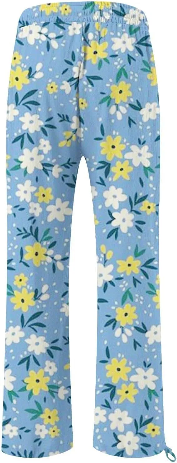 Women's Linen Palazzo Pants Casual Wide Leg Retro Printed Slacks Elastic Waist Drawstring Flowy Trousers with Pockets