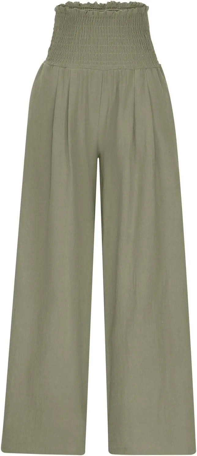 Womens Linen Palazzo Pants Summer Casual Boho Wide Leg Elastic High Waist Lounge Pants Beach Trousers with Pockets