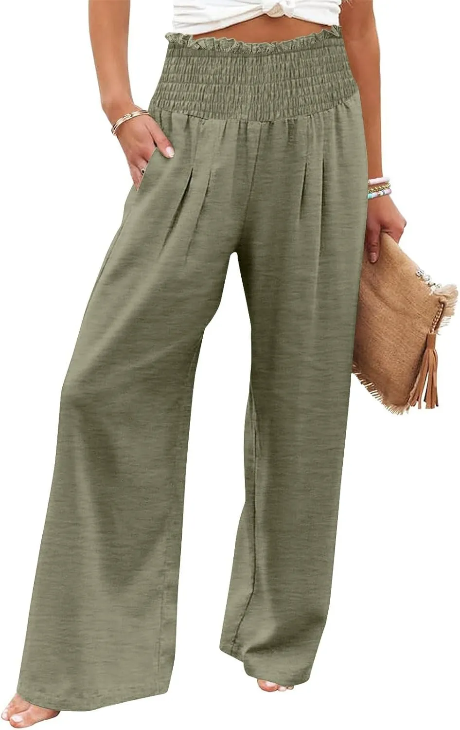 Womens Linen Palazzo Pants Summer Casual Boho Wide Leg Elastic High Waist Lounge Pants Beach Trousers with Pockets